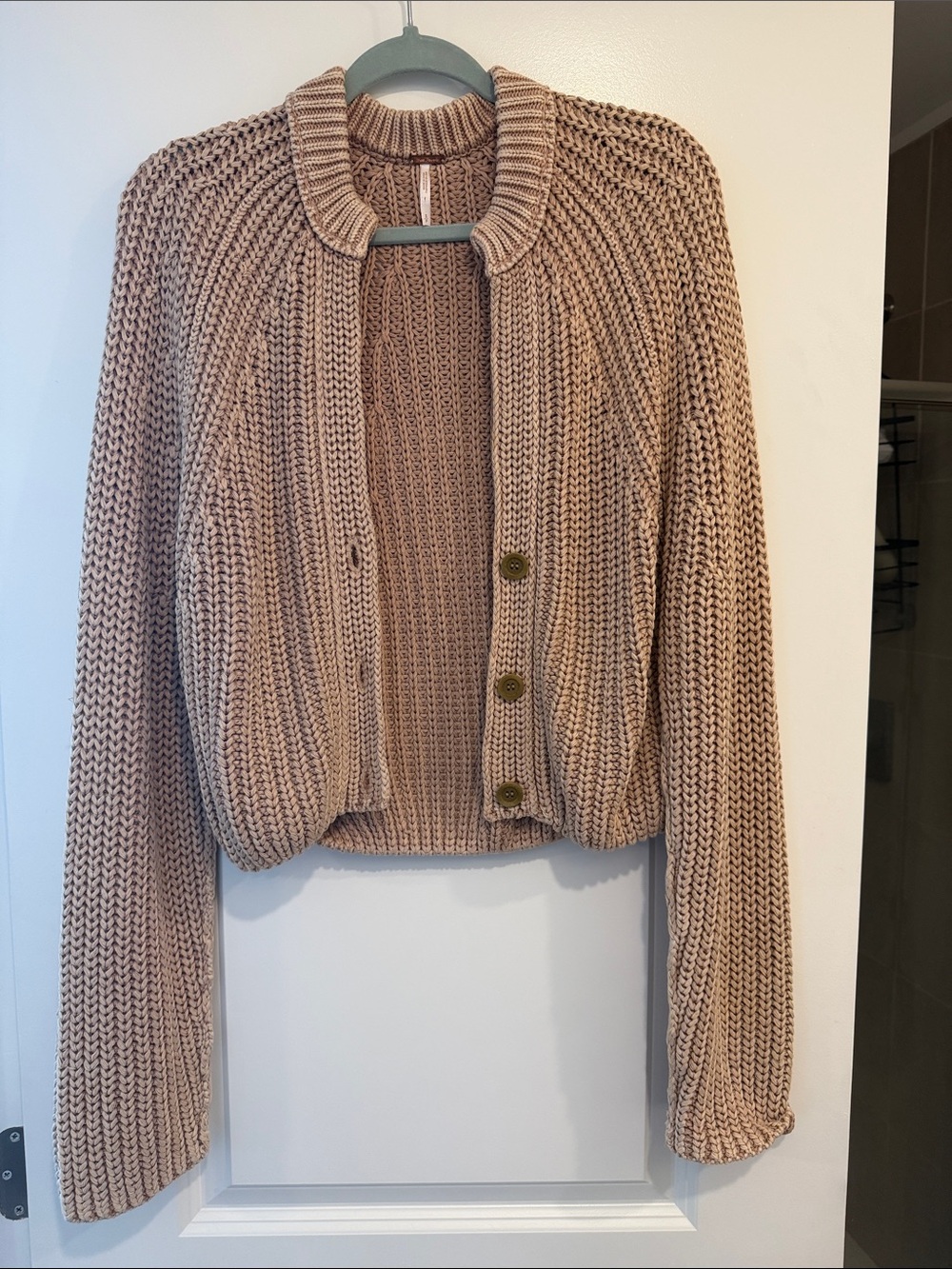 Chunky free people Knit Crop Cardigan Sweater - Beige